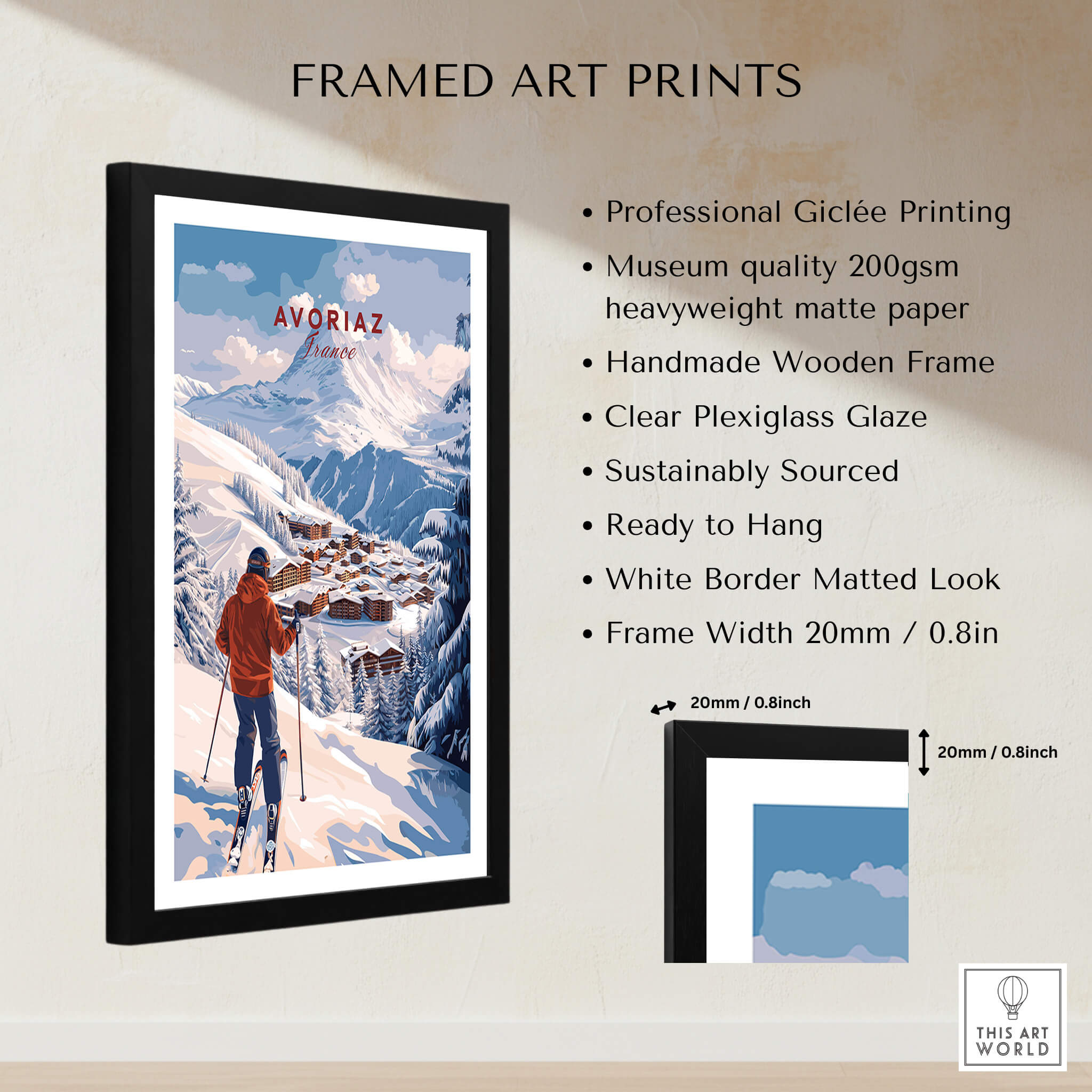 Avoriaz Portes du Soleil Slopes Ski Print | French Alps Wall Decor features framed art with winter landscape.