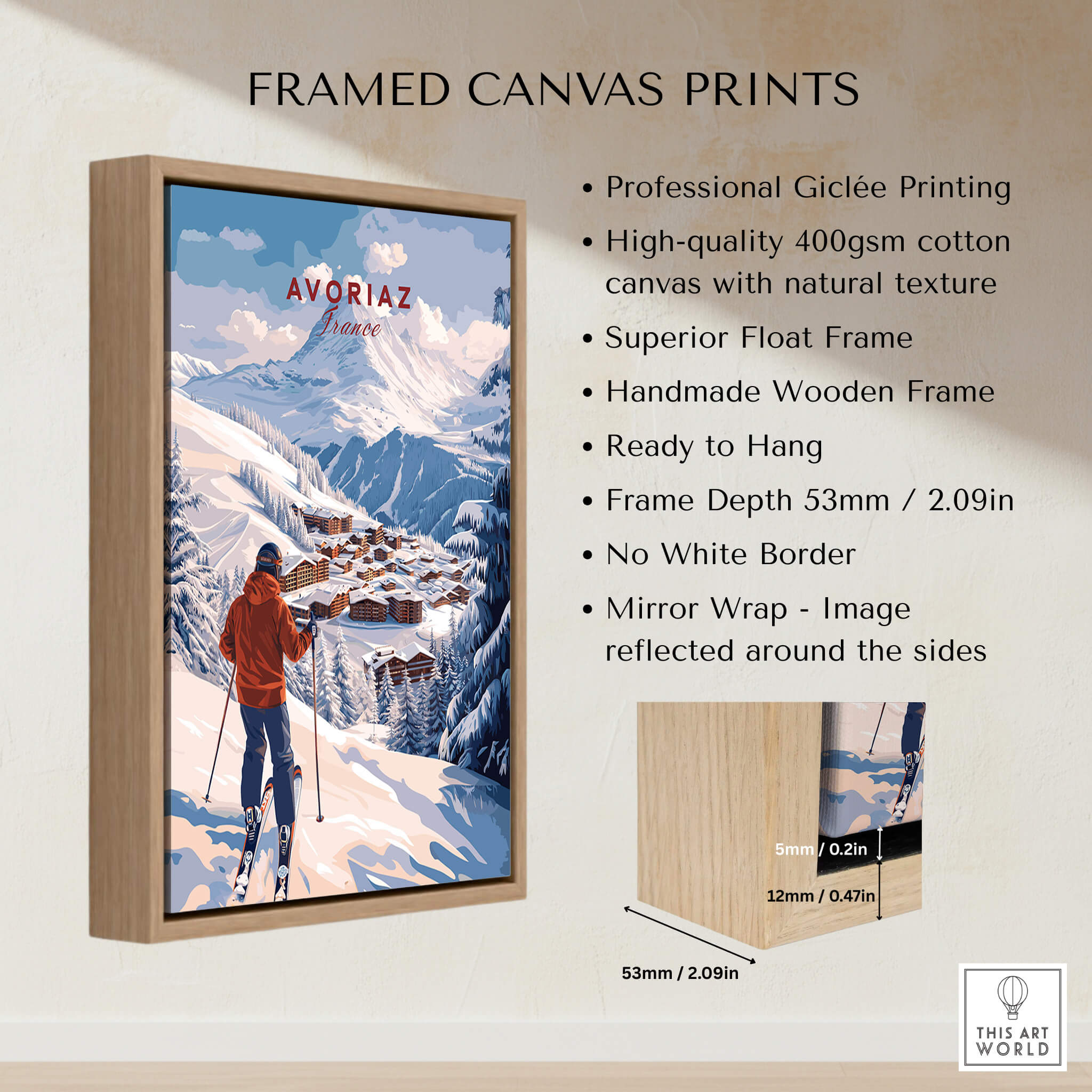 Avoriaz Portes du Soleil Slopes Ski Print | French Alps Wall Decor framed canvas print details