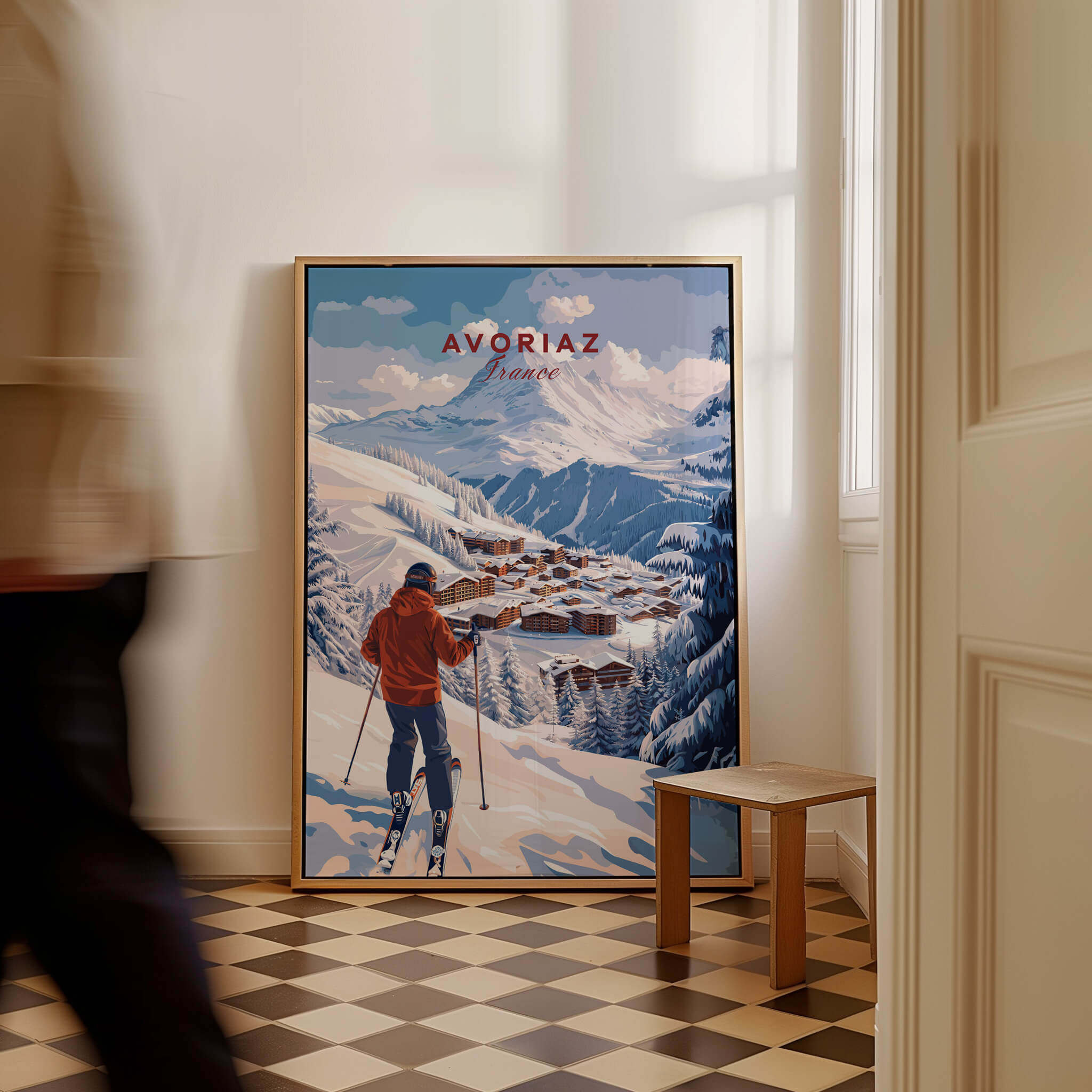 Avoriaz Portes du Soleil Slopes Ski Print | French Alps Wall Decor showcasing a skier in the stunning Alps.