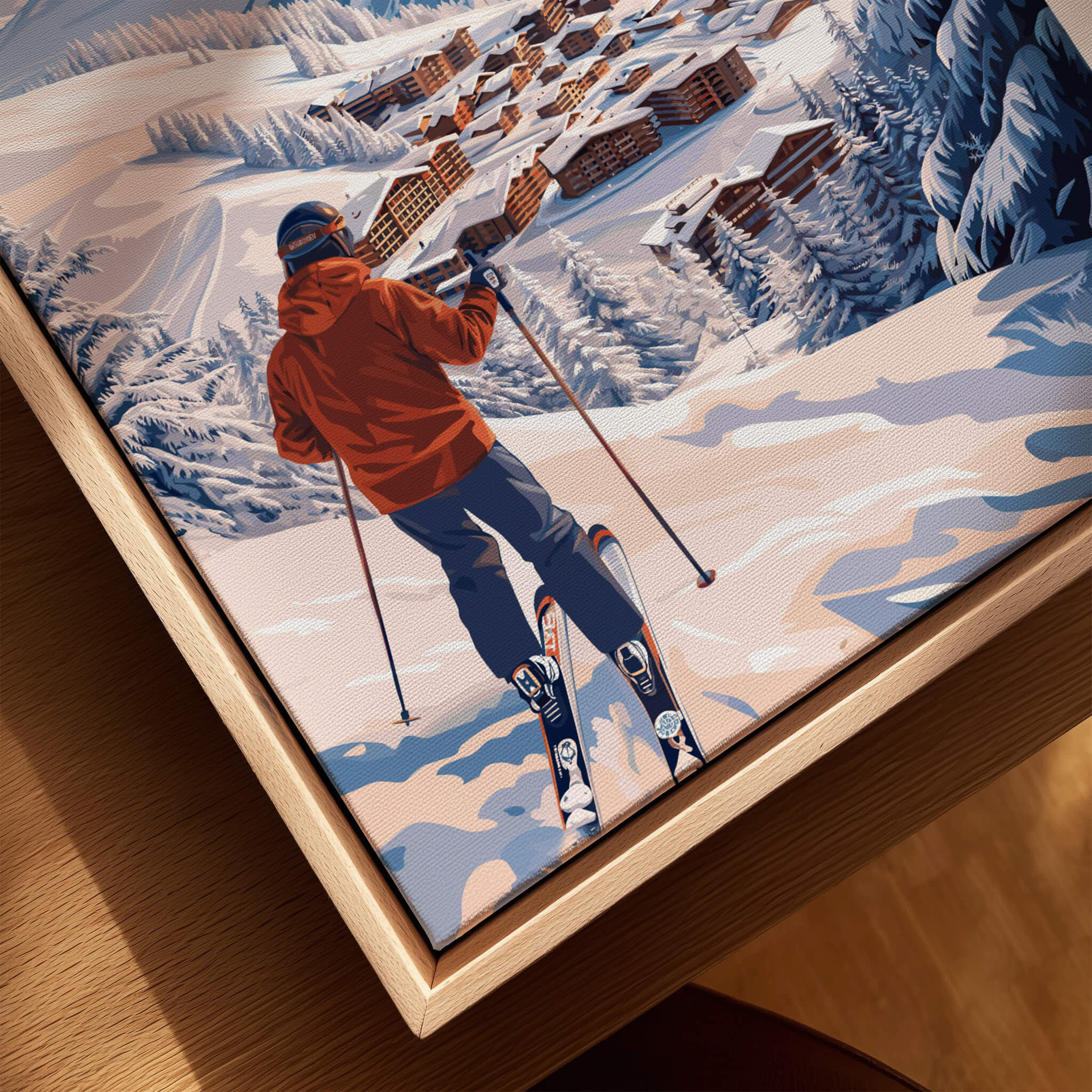 Avoriaz Portes du Soleil Slopes Ski Print | French Alps Wall Decor featuring a skier overlooking the snowy village.