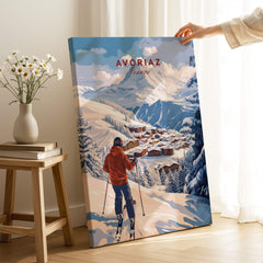 Avoriaz Portes du Soleil Slopes Ski Print | French Alps Wall Decor featuring a skier overlooking the snowy landscape.