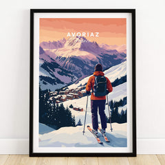 Avoriaz French Ski Poster | Skiing Wall Art depicting a skier on a snowy mountain with vibrant alpine scenery.