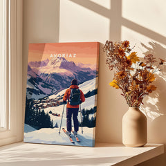 Avoriaz French Ski Poster | Skiing Wall Art featuring a skier overlooking a mountain landscape.