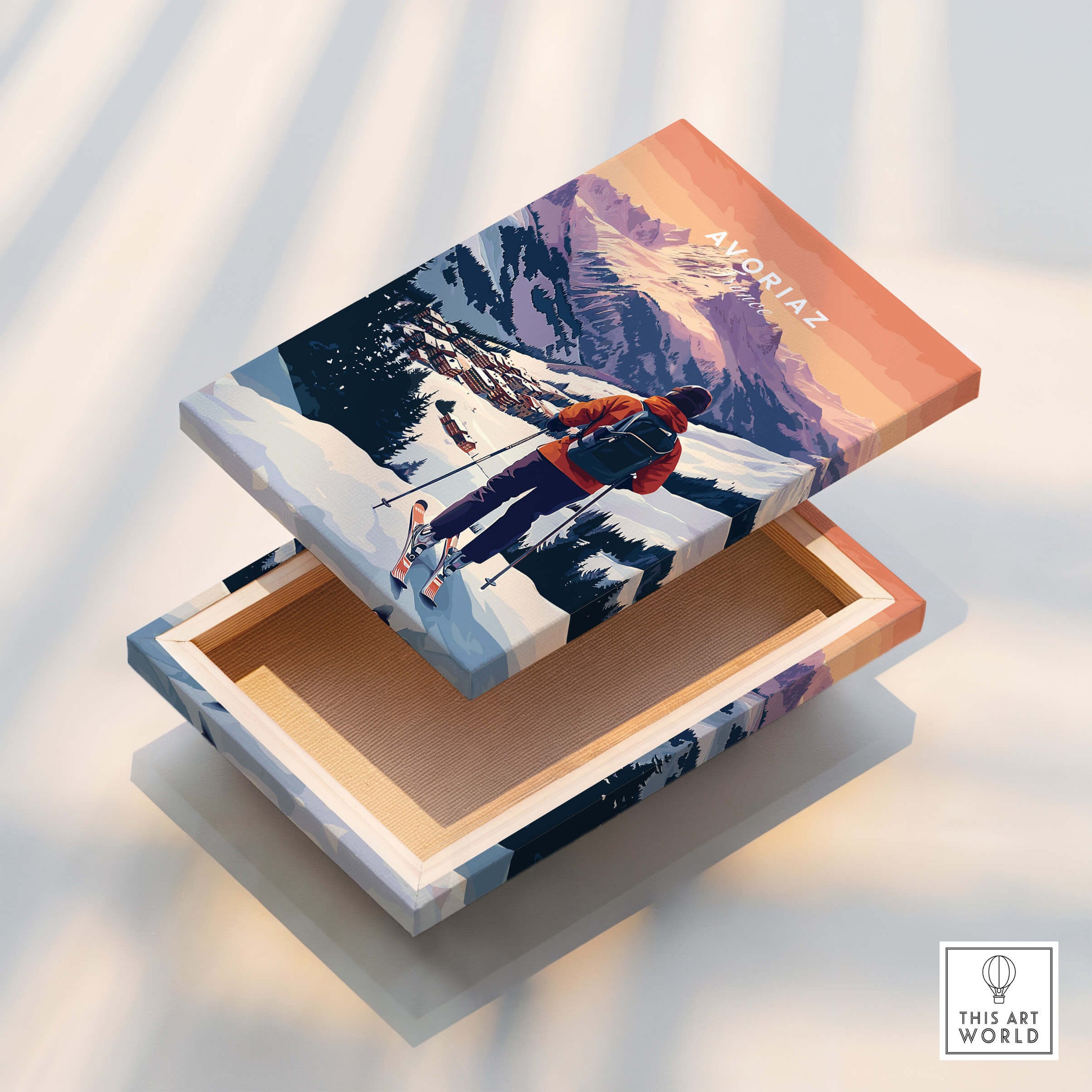 Avoriaz French Ski Poster | Skiing Wall Art showcasing a stunning skiing scene in a stylish box design.