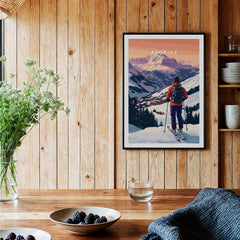 Avoriaz French Ski Poster | Skiing Wall Art displayed in a cozy interior with wooden decor.