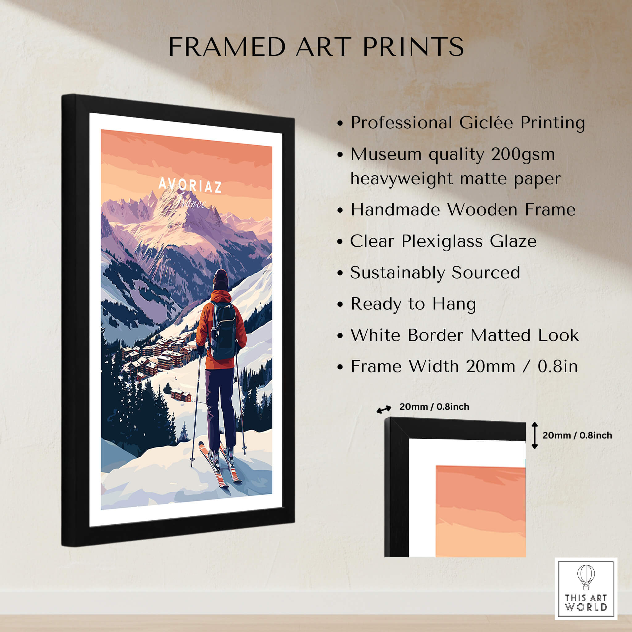 Avoriaz French Ski Poster | Skiing Wall Art featuring framed giclée print with clear plexiglass, perfect for home decor.