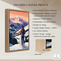 Avoriaz French Ski Poster | Skiing Wall Art featuring framed print with mountain landscape.