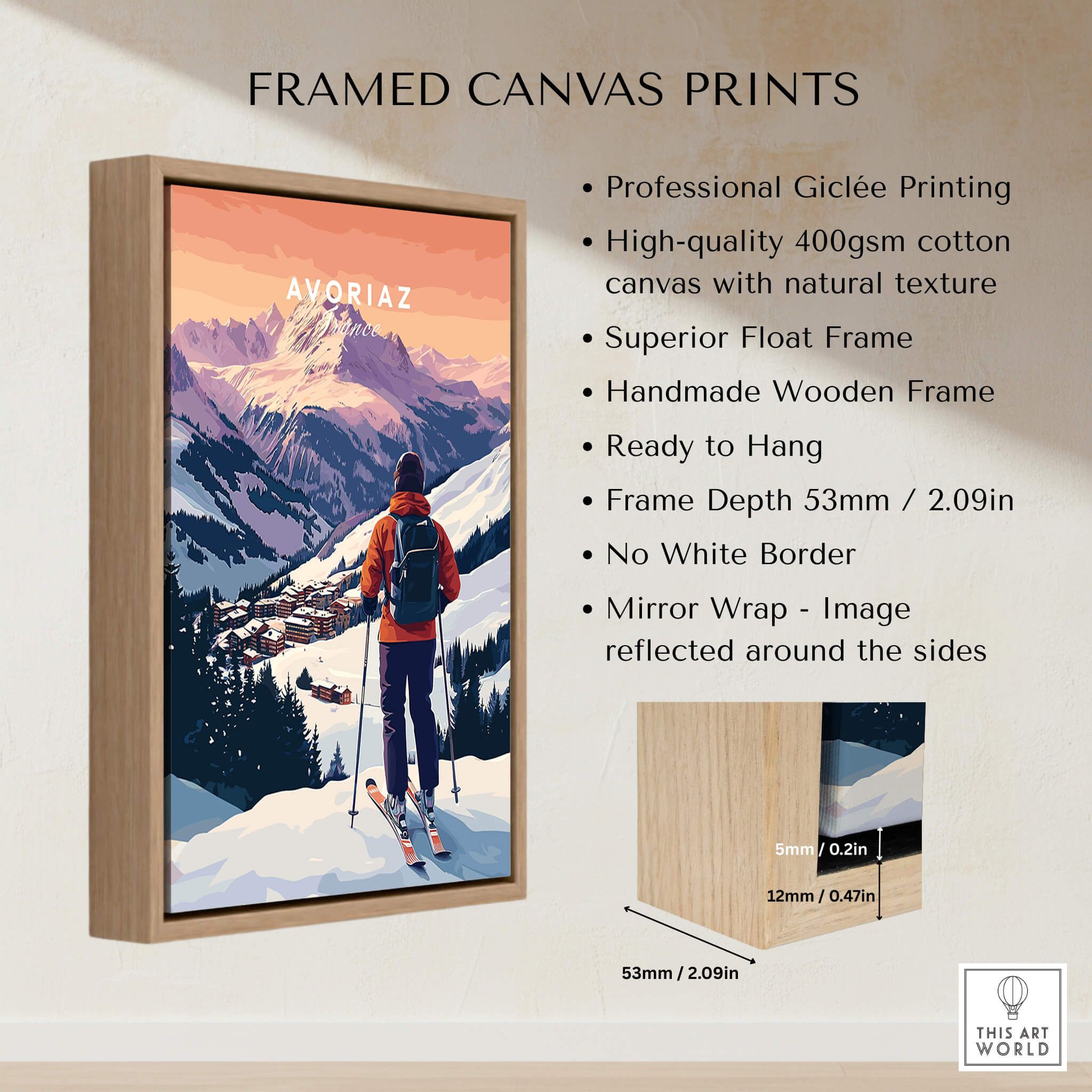 Avoriaz French Ski Poster | Skiing Wall Art featuring framed print with mountain landscape.