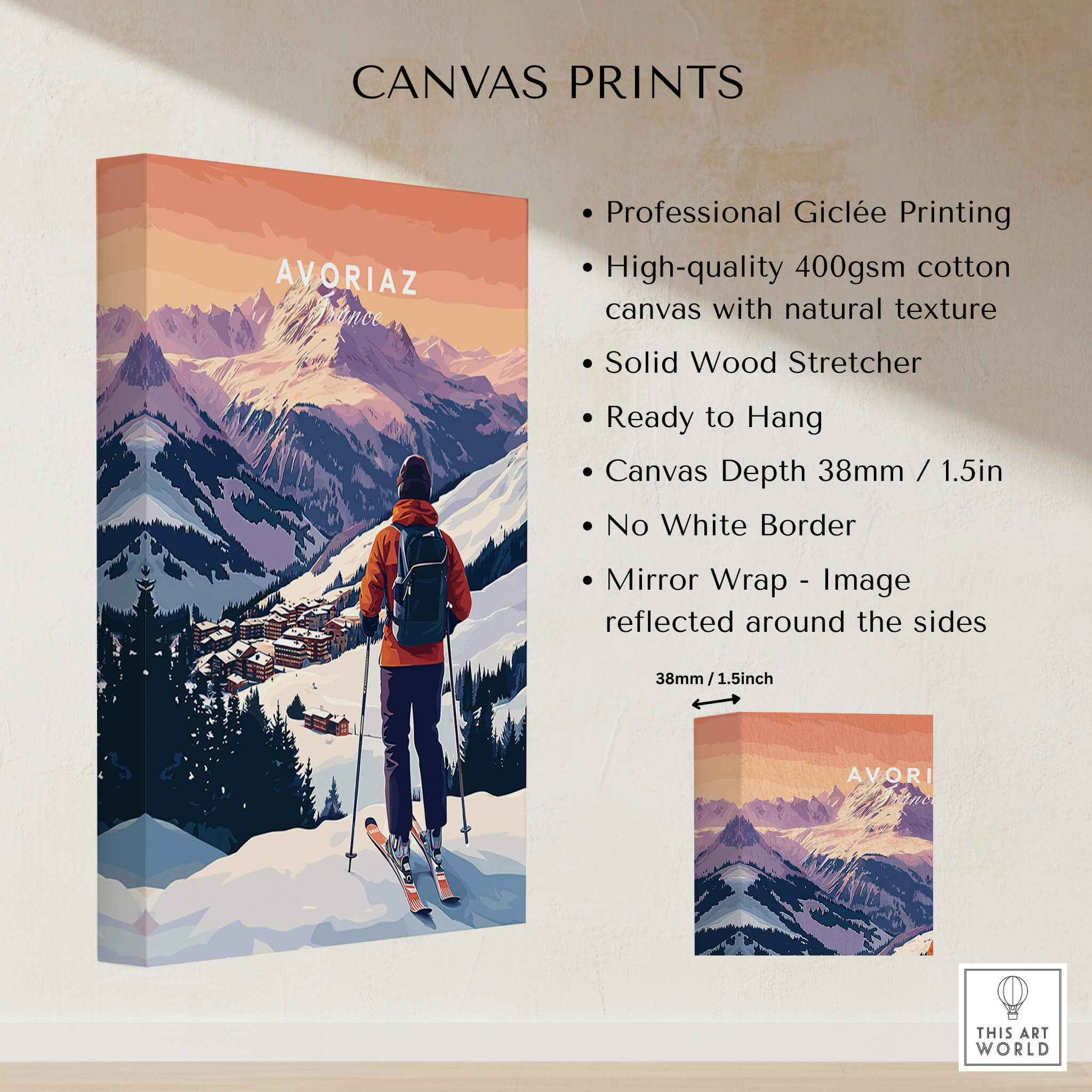 Avoriaz French Ski Poster | Skiing Wall Art showcasing a skier in a snowy mountain landscape, perfect for winter sports enthusiasts.