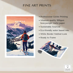 Avoriaz French Ski Poster | Skiing Wall Art featuring a skier on a mountain backdrop and professional Giclée printing.