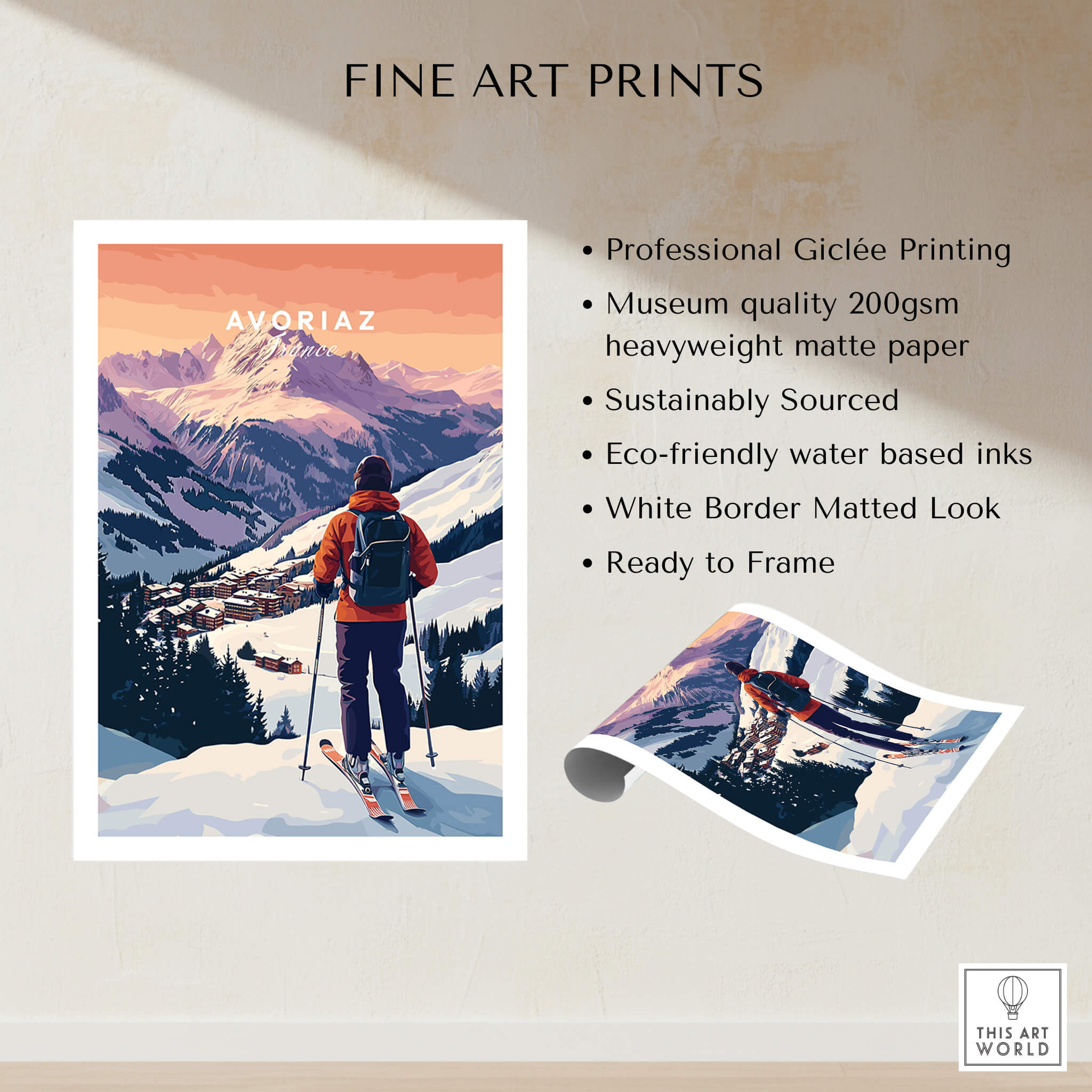 Avoriaz French Ski Poster | Skiing Wall Art featuring a skier on a mountain backdrop and professional Giclée printing.