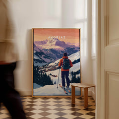 Avoriaz French Ski Poster | Skiing Wall Art showcasing a skier overlooking the picturesque mountains and slopes.