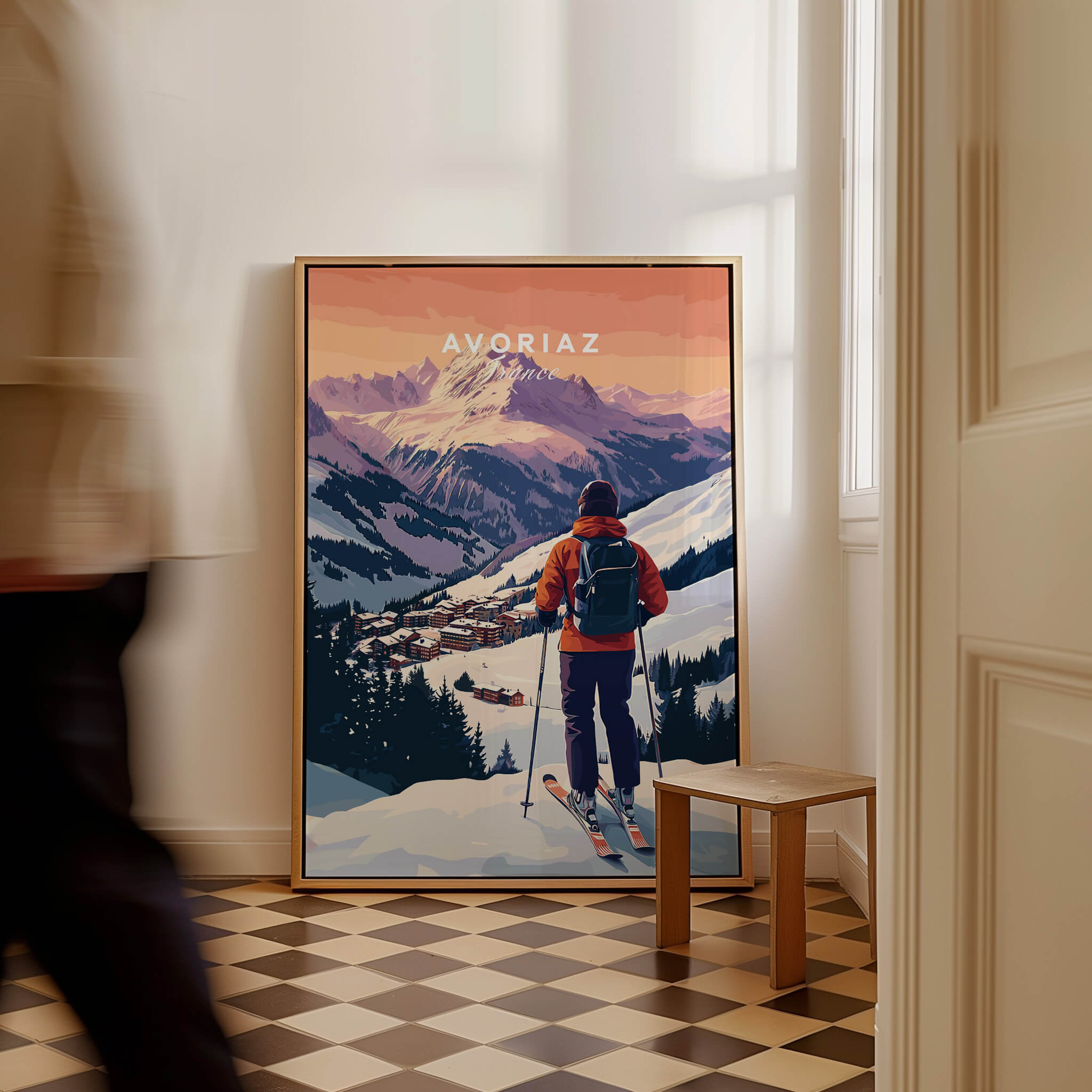 Avoriaz French Ski Poster | Skiing Wall Art showcasing a skier overlooking the picturesque mountains and slopes.