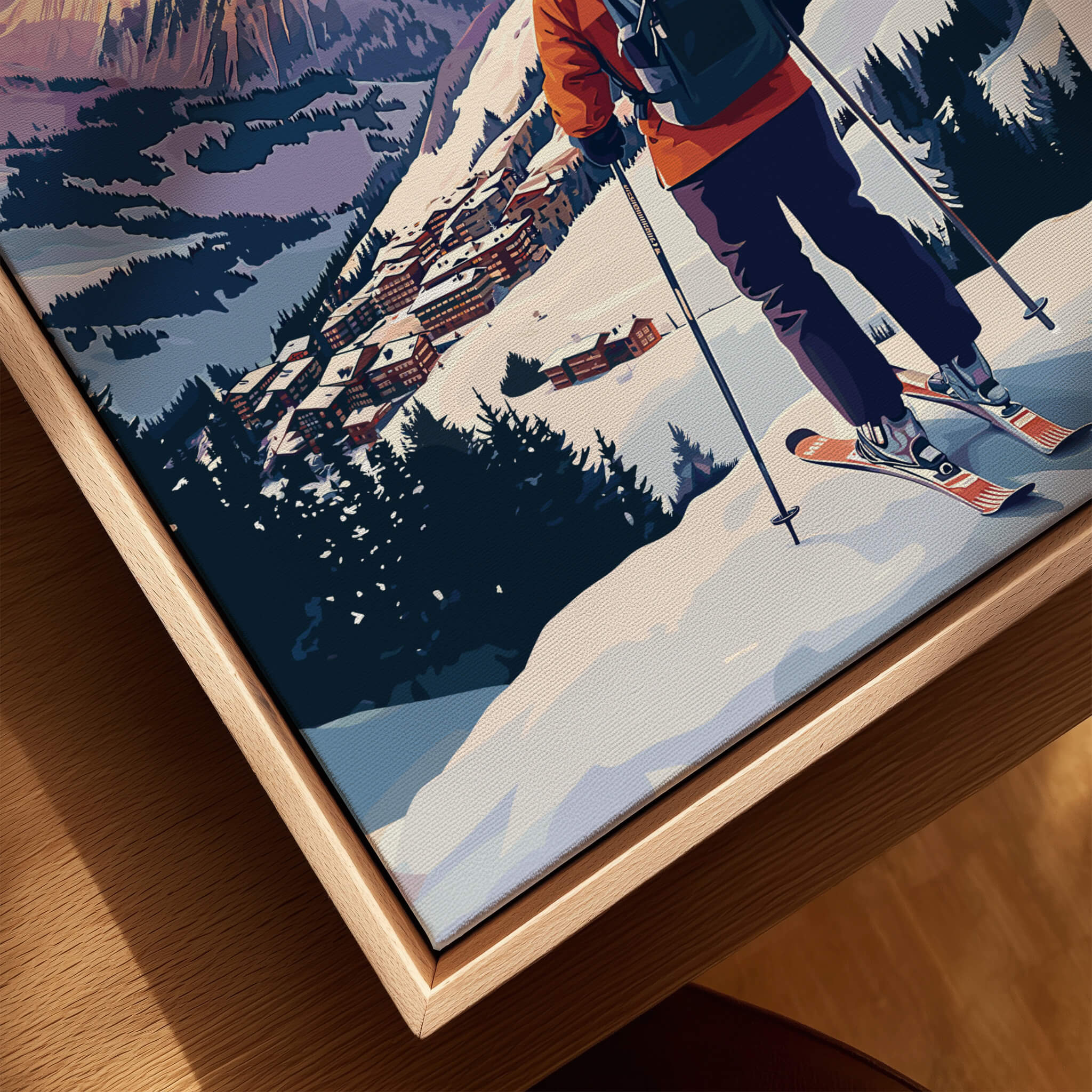 Avoriaz French Ski Poster | Skiing Wall Art featuring a skier with snowy mountains and alpine village backdrop.