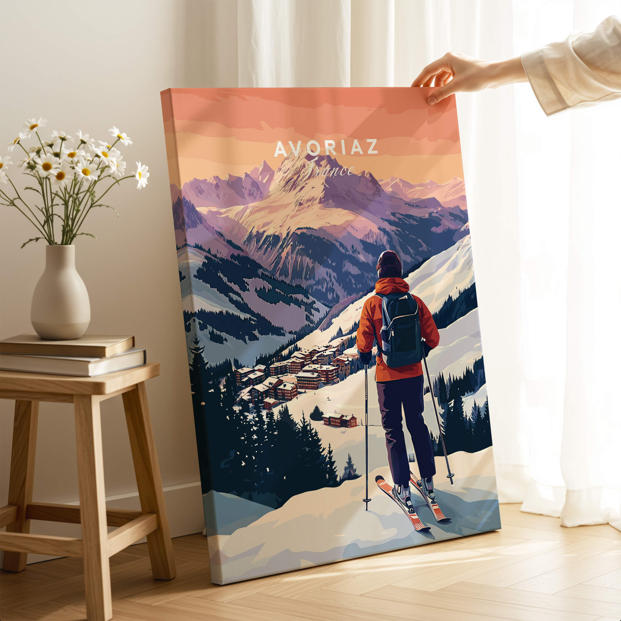 Avoriaz French Ski Poster | Skiing Wall Art featuring a skier overlooking a snowy mountain village.