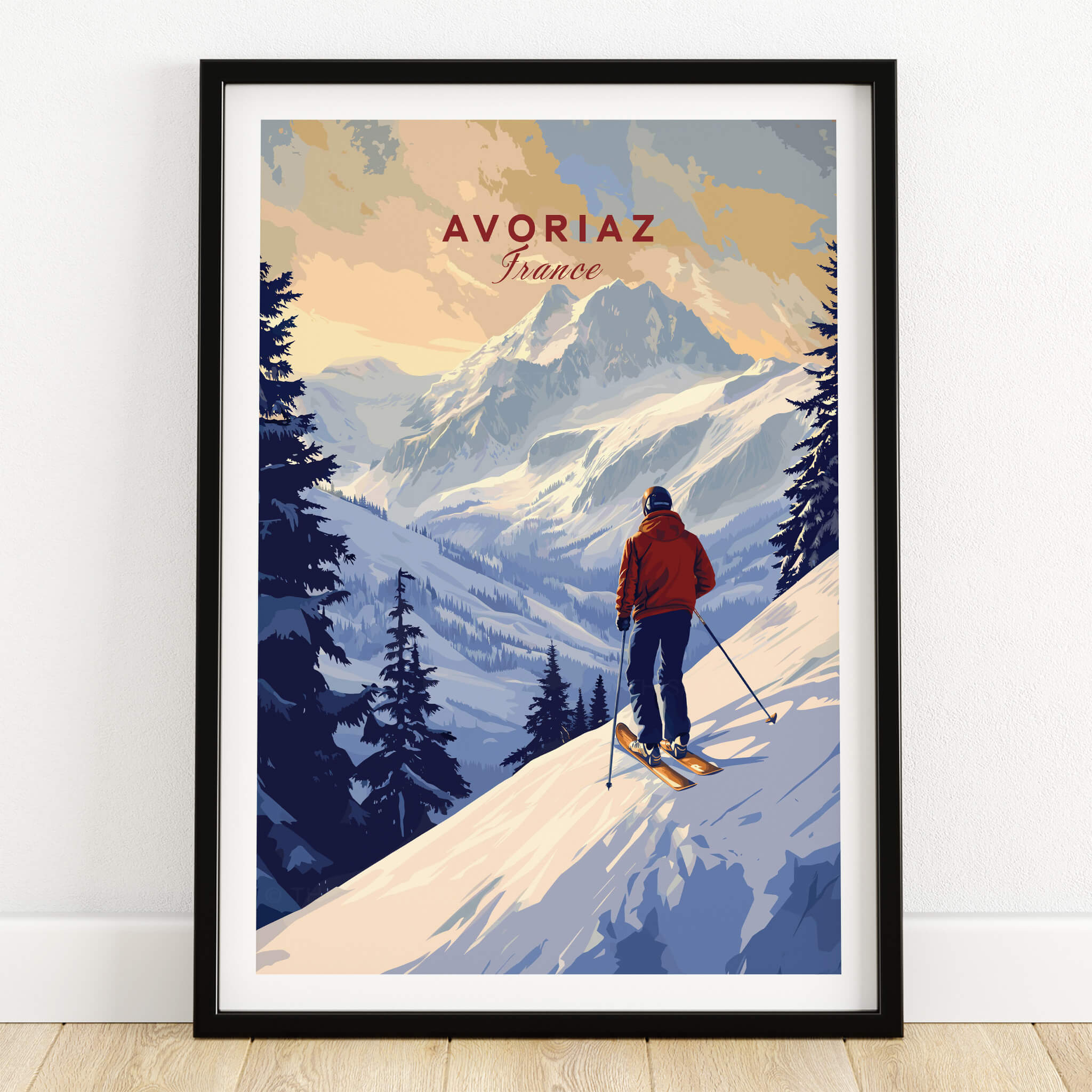 Avoriaz Skiing Print | French Alps Winter Decor featuring a skier against a stunning alpine backdrop.
