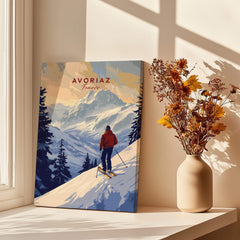 Avoriaz Skiing Print | French Alps Winter Decor showcasing a skier against a snowy mountain backdrop.