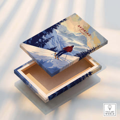 Avoriaz Skiing Print | French Alps Winter Decor featuring a snowy landscape and skier on a decorative box.