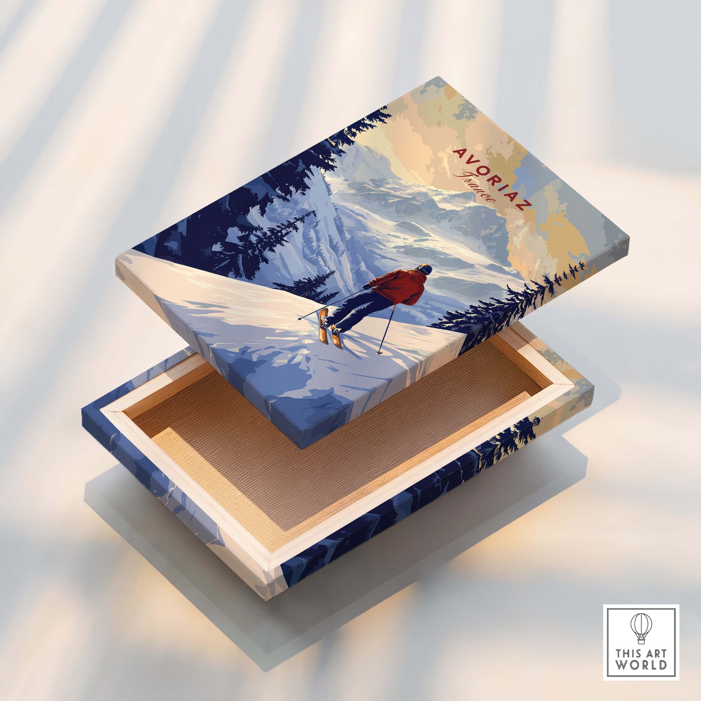 Avoriaz Skiing Print | French Alps Winter Decor featuring a snowy landscape and skier on a decorative box.