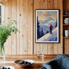 Avoriaz Skiing Print | French Alps Winter Decor displayed in a cozy wooden interior with a skier on snowy slopes.