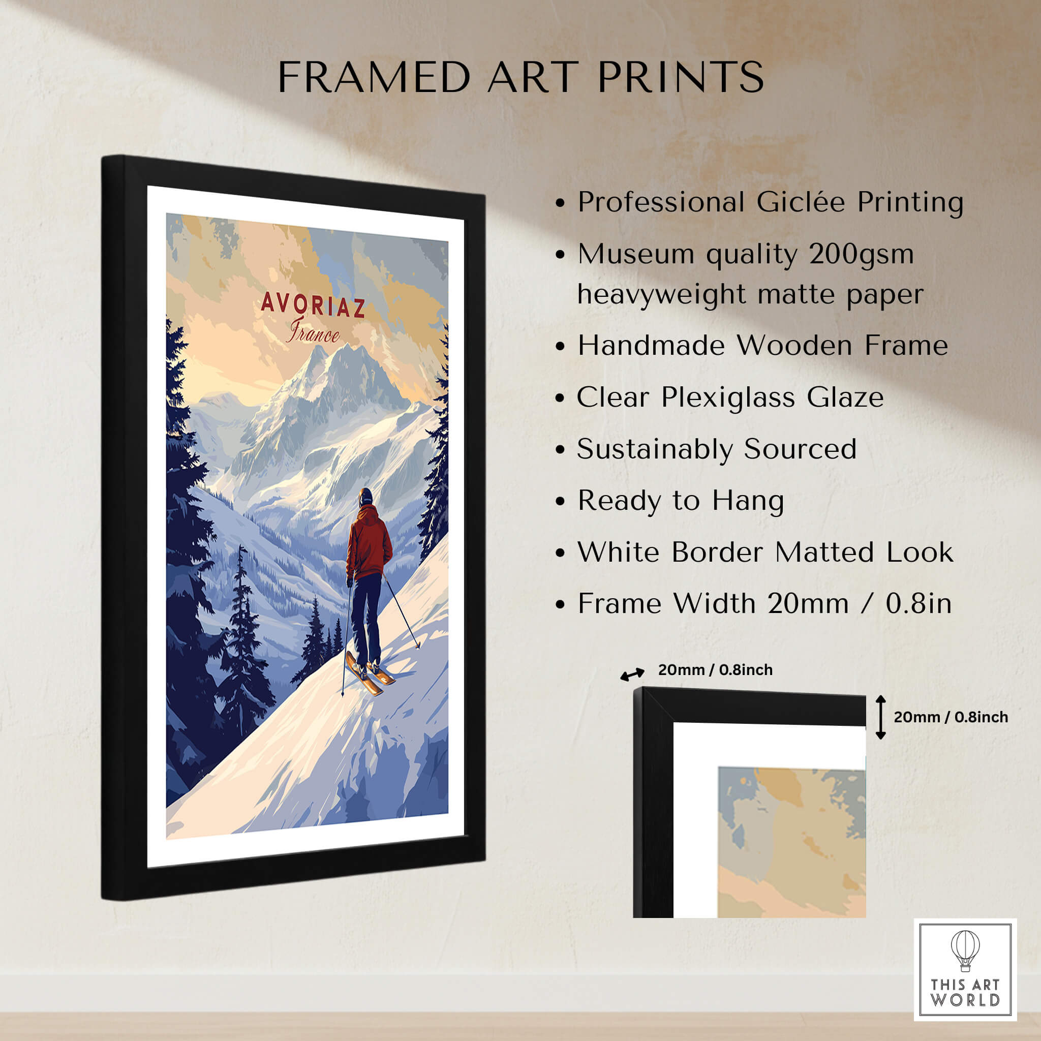 Avoriaz Skiing Print | French Alps Winter Decor in a framed art print showcasing snowy slopes.