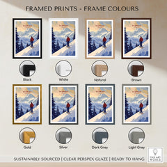 Avoriaz Skiing Print | French Alps Winter Decor framed print options in various colors including black, white, gold, and more.