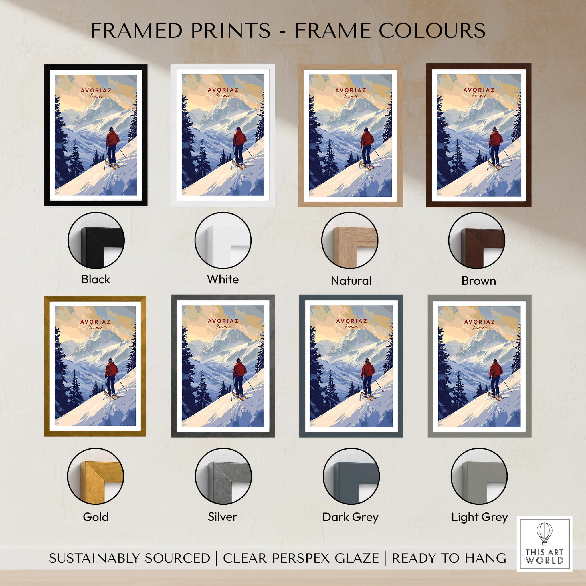 Avoriaz Skiing Print | French Alps Winter Decor framed print options in various colors including black, white, gold, and more.