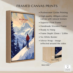 Avoriaz Skiing Print | French Alps Winter Decor displayed with a handmade wooden frame and professional Giclée printing.