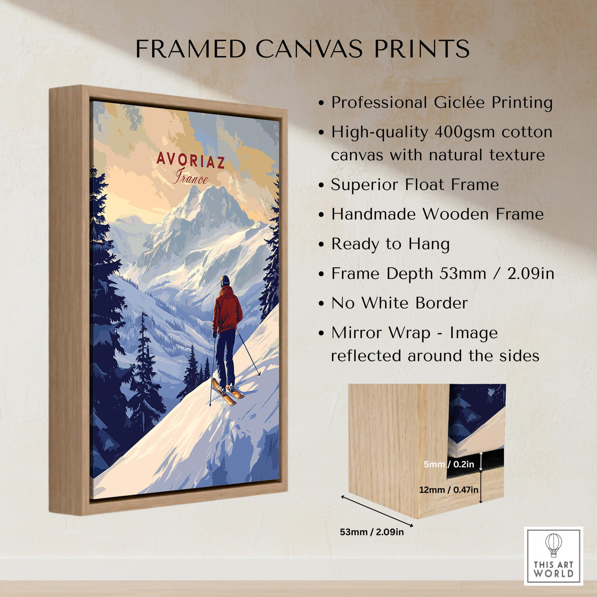 Avoriaz Skiing Print | French Alps Winter Decor displayed with a handmade wooden frame and professional Giclée printing.