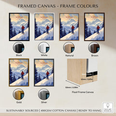 Avoriaz Skiing Print | French Alps Winter Decor framed canvas colour options including black, white, natural, brown, gold, and silver.