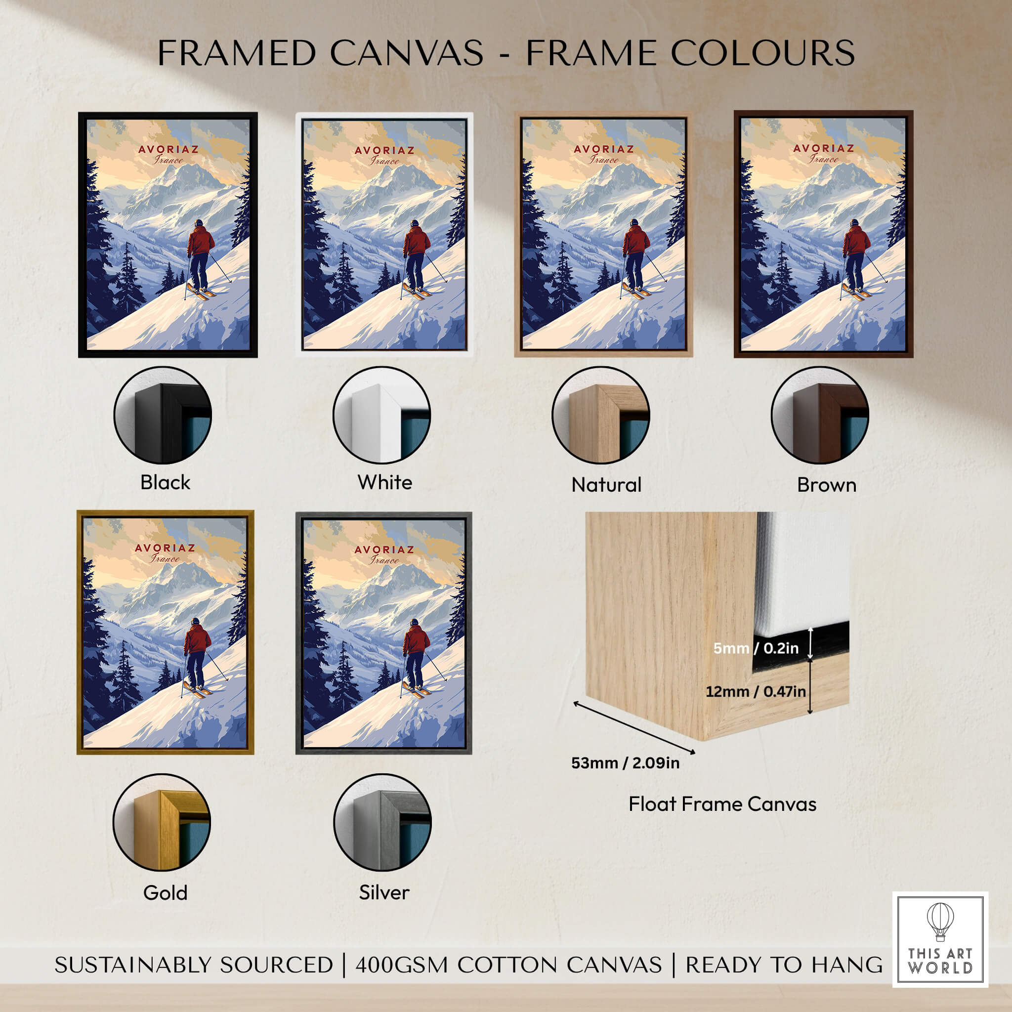 Avoriaz Skiing Print | French Alps Winter Decor framed canvas colour options including black, white, natural, brown, gold, and silver.
