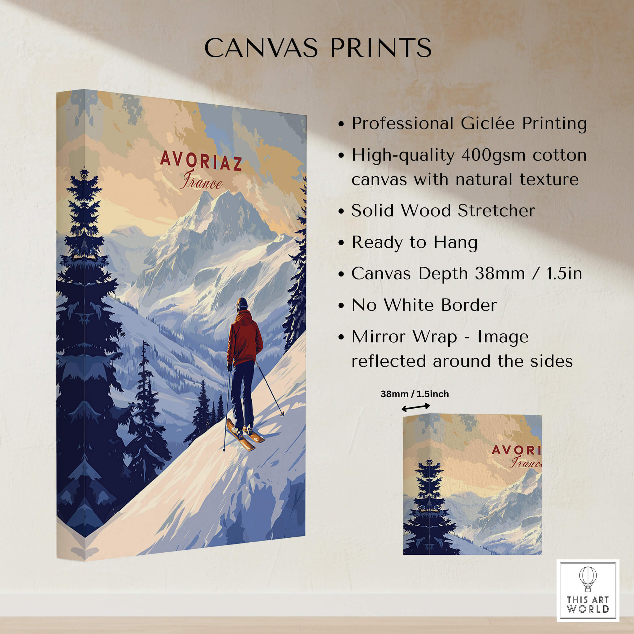 Avoriaz Skiing Print | French Alps Winter Decor showcasing skiing in the French Alps with vibrant colors.