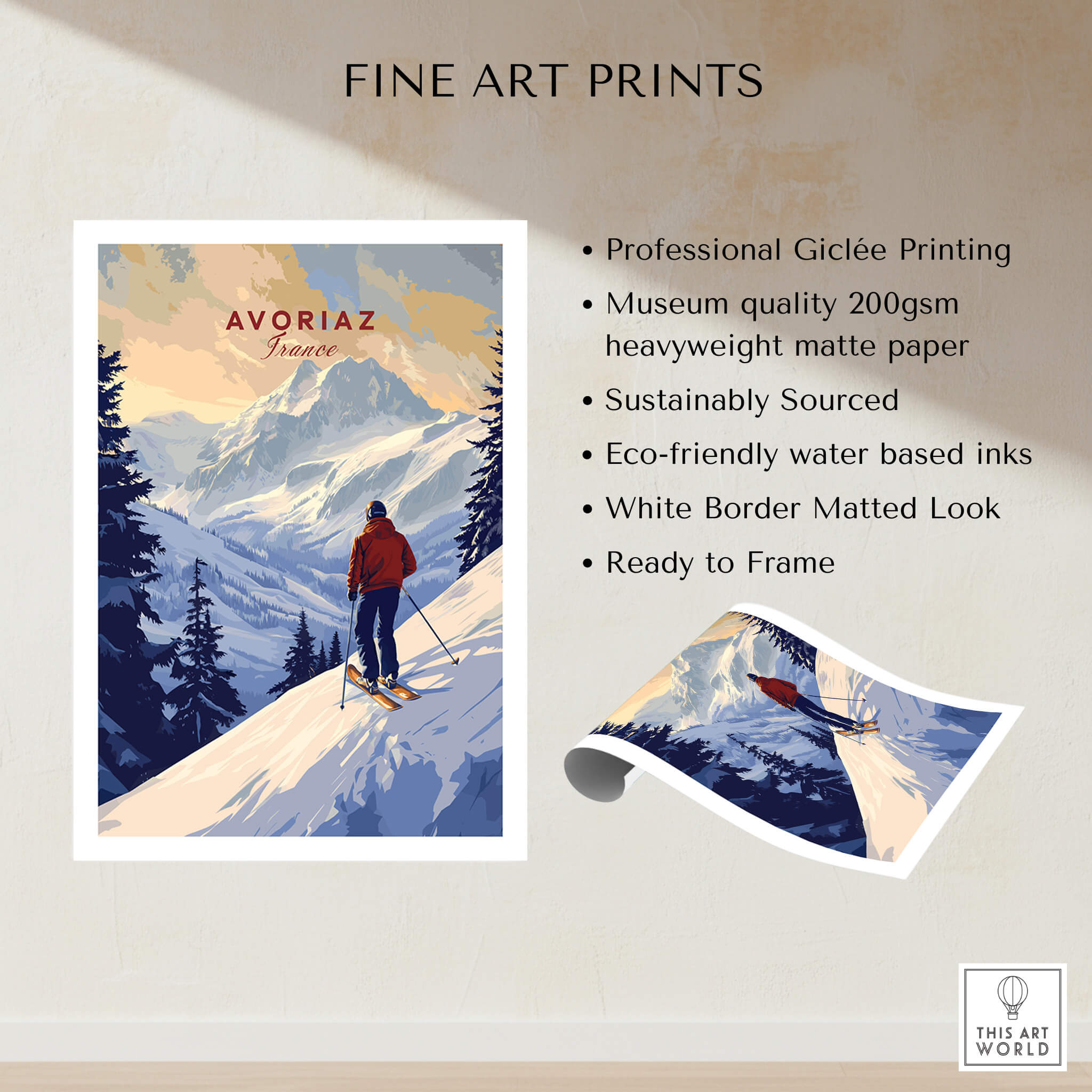 Avoriaz Skiing Print | French Alps Winter Decor featuring snowy mountains and a skier.