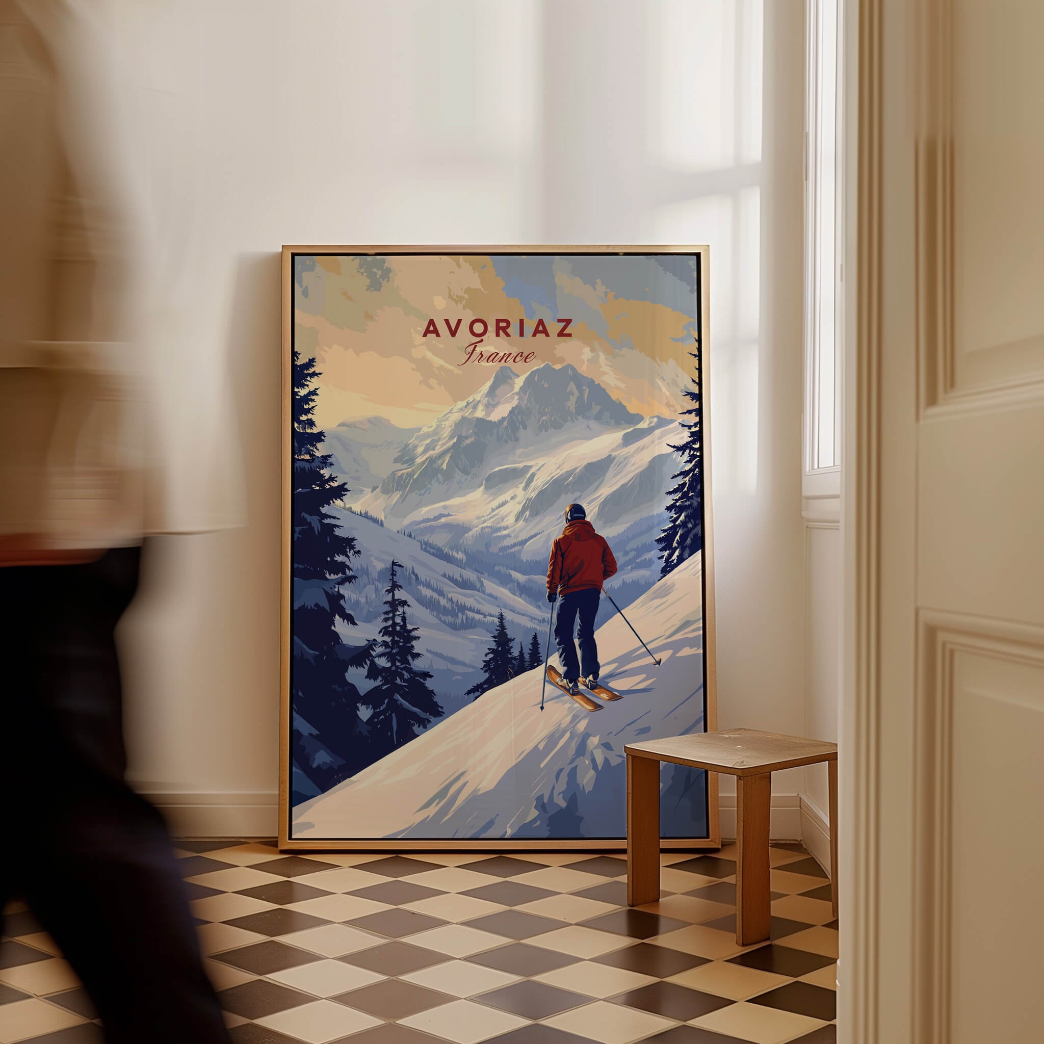 Avoriaz Skiing Print | French Alps Winter Decor showcasing a skier in a snowy landscape, perfect for winter home decor.