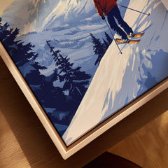 Avoriaz Skiing Print | French Alps Winter Decor featuring a skier on snowy slopes surrounded by alpine scenery.