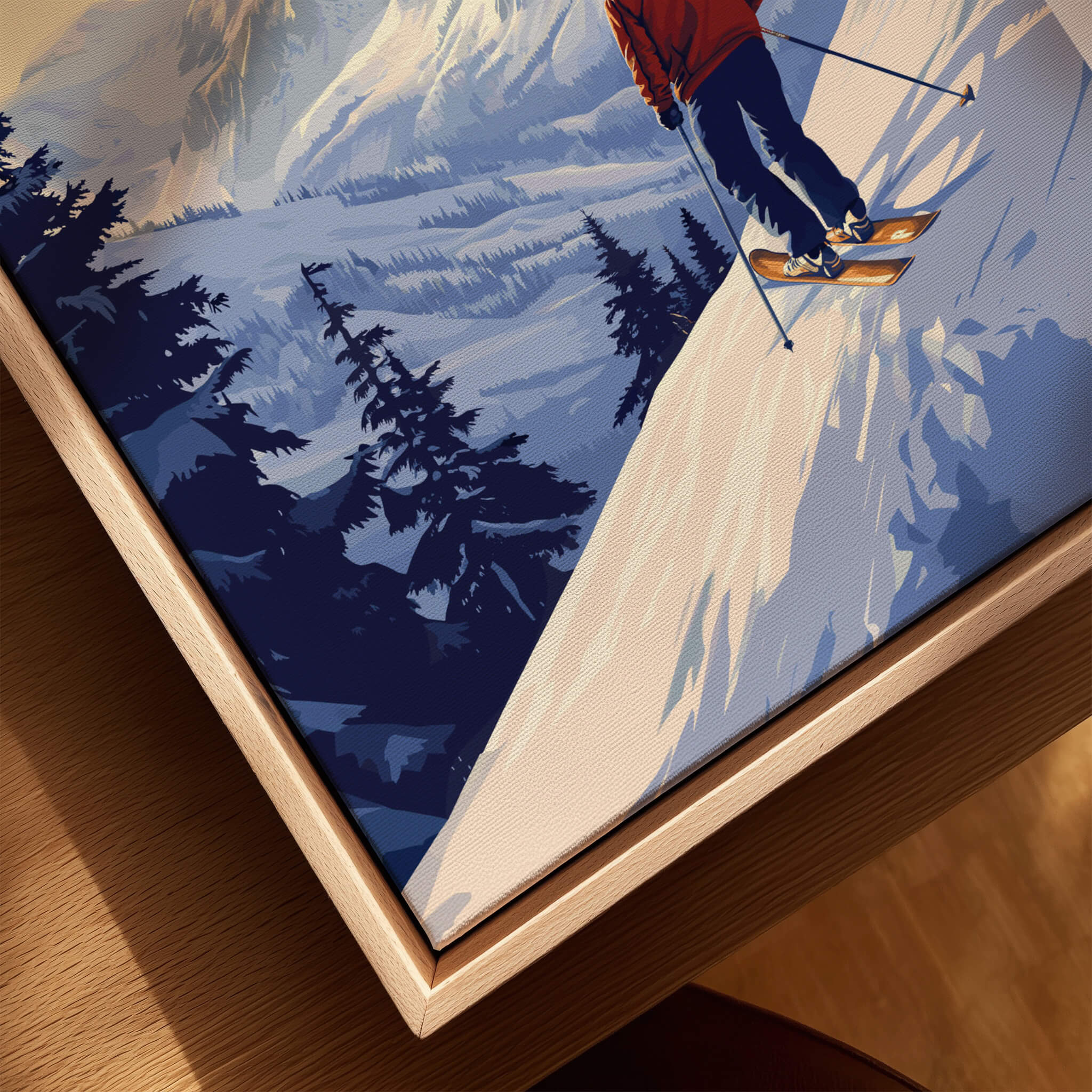 Avoriaz Skiing Print | French Alps Winter Decor featuring a skier on snowy slopes surrounded by alpine scenery.