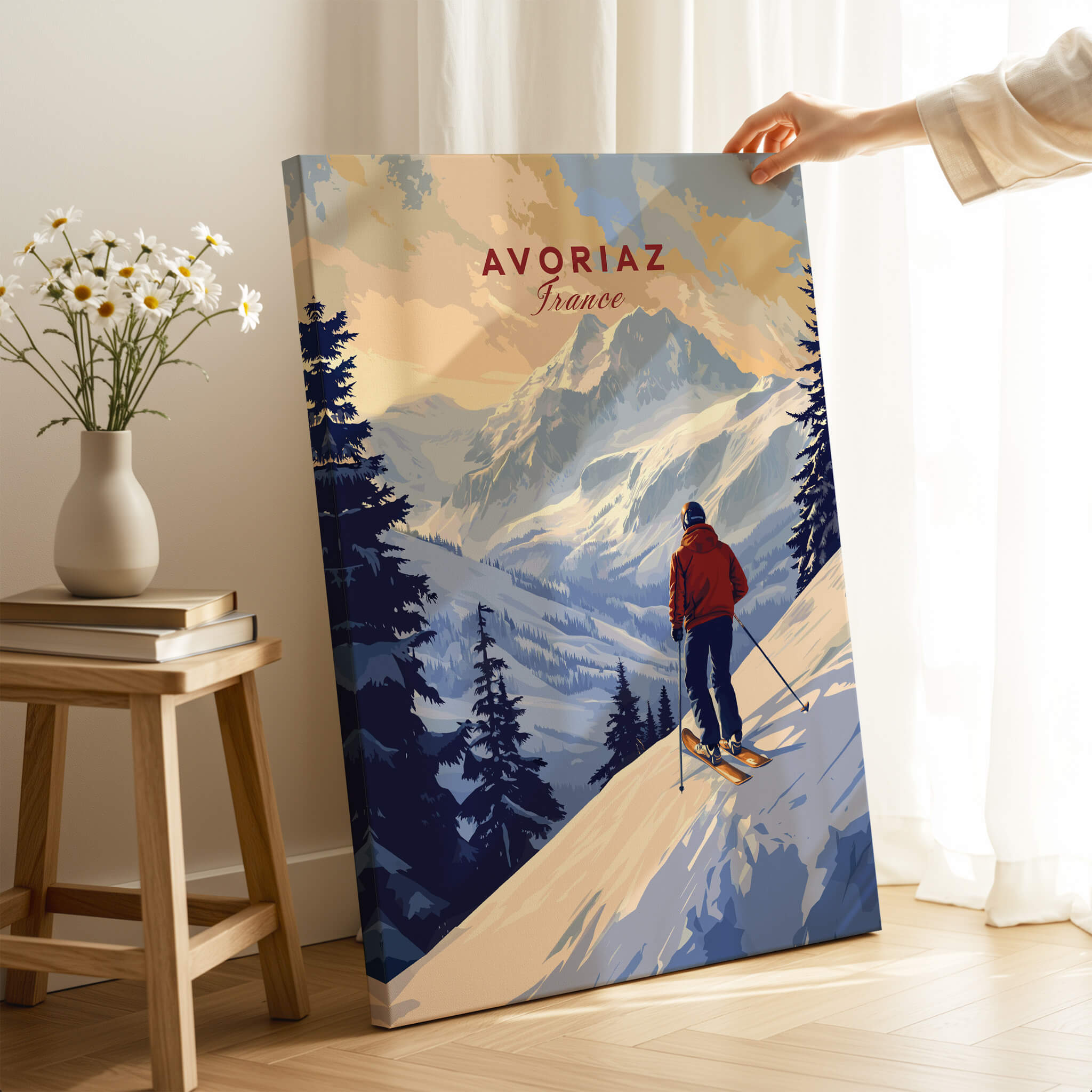 Avoriaz Skiing Print | French Alps Winter Decor showcasing a skier on snowy slopes with a mountainous backdrop.