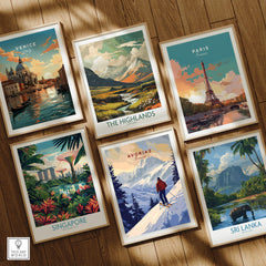 Avoriaz Skiing Print | French Alps Winter Decor showcased among travel art prints of Venice, Paris, Singapore, Highlands, and Sri Lanka.