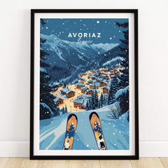 Avoriaz Poster - Winter Chalets Print | French Ski Home Decor showcasing winter chalets in a snowy mountain landscape.