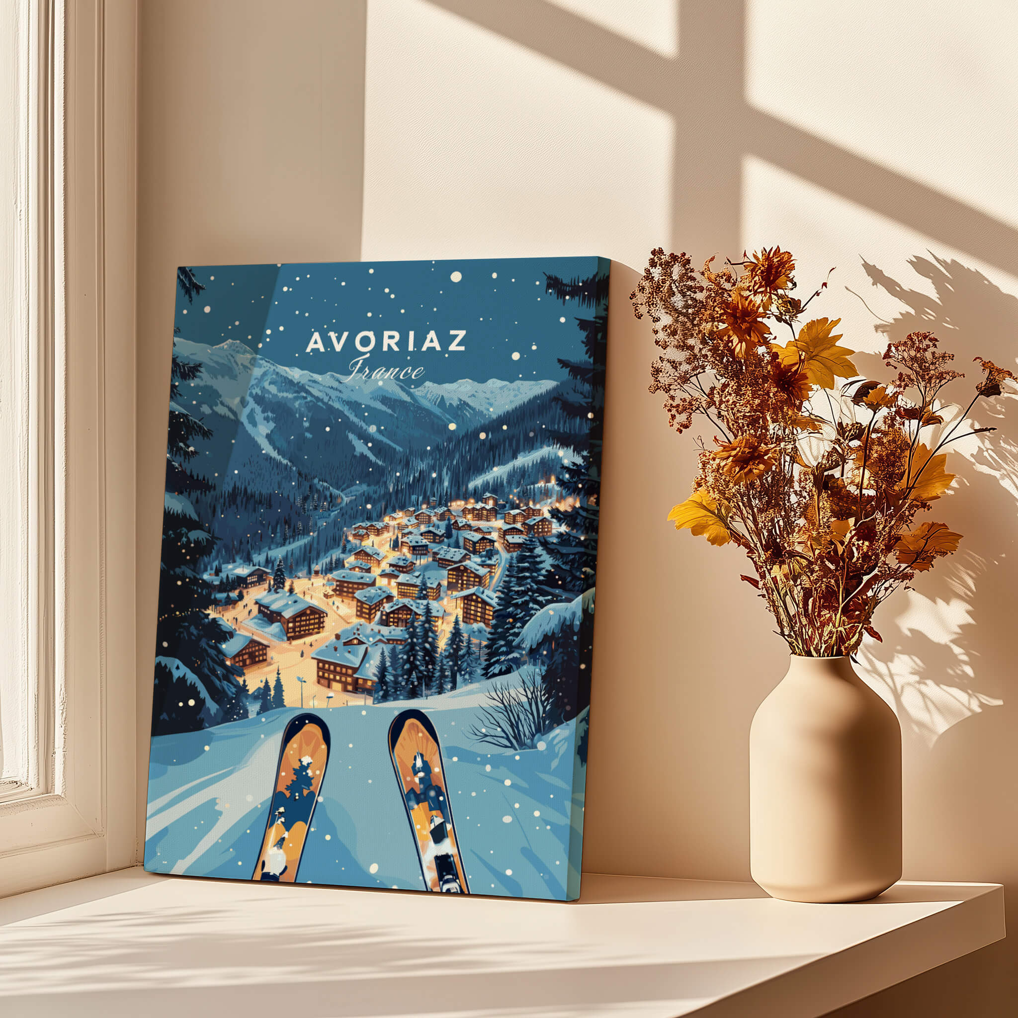 Avoriaz Poster - Winter Chalets Print | French Ski Home Decor showcasing a snowy mountain village with ski tracks.