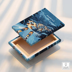 Avoriaz Poster - Winter Chalets Print | French Ski Home Decor box opened showcasing winter chalet artwork.
