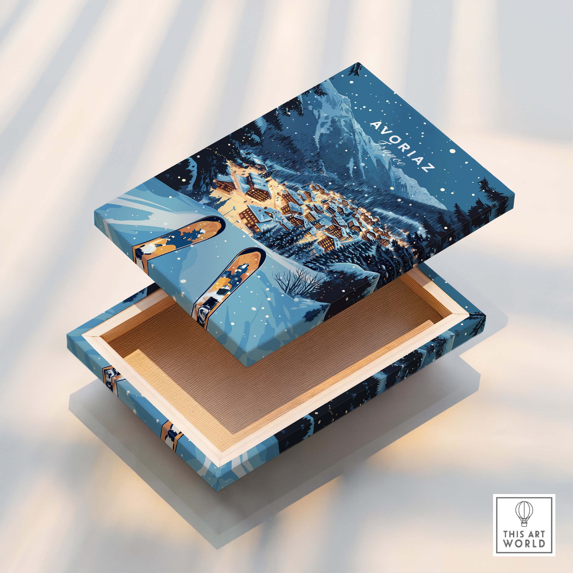 Avoriaz Poster - Winter Chalets Print | French Ski Home Decor box opened showcasing winter chalet artwork.