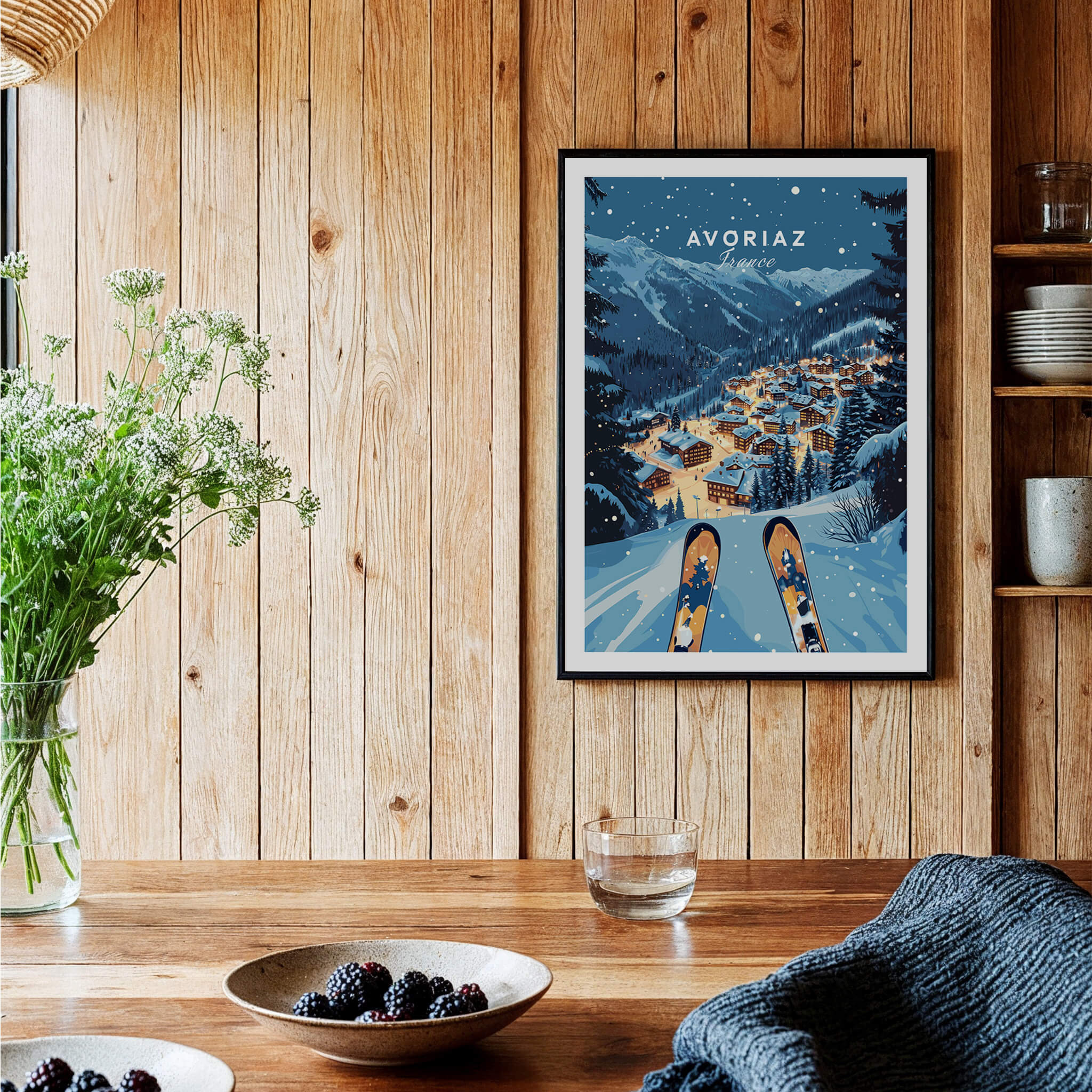 Avoriaz Poster - Winter Chalets Print | French Ski Home Decor showcased in a cozy wooden room with floral decor.