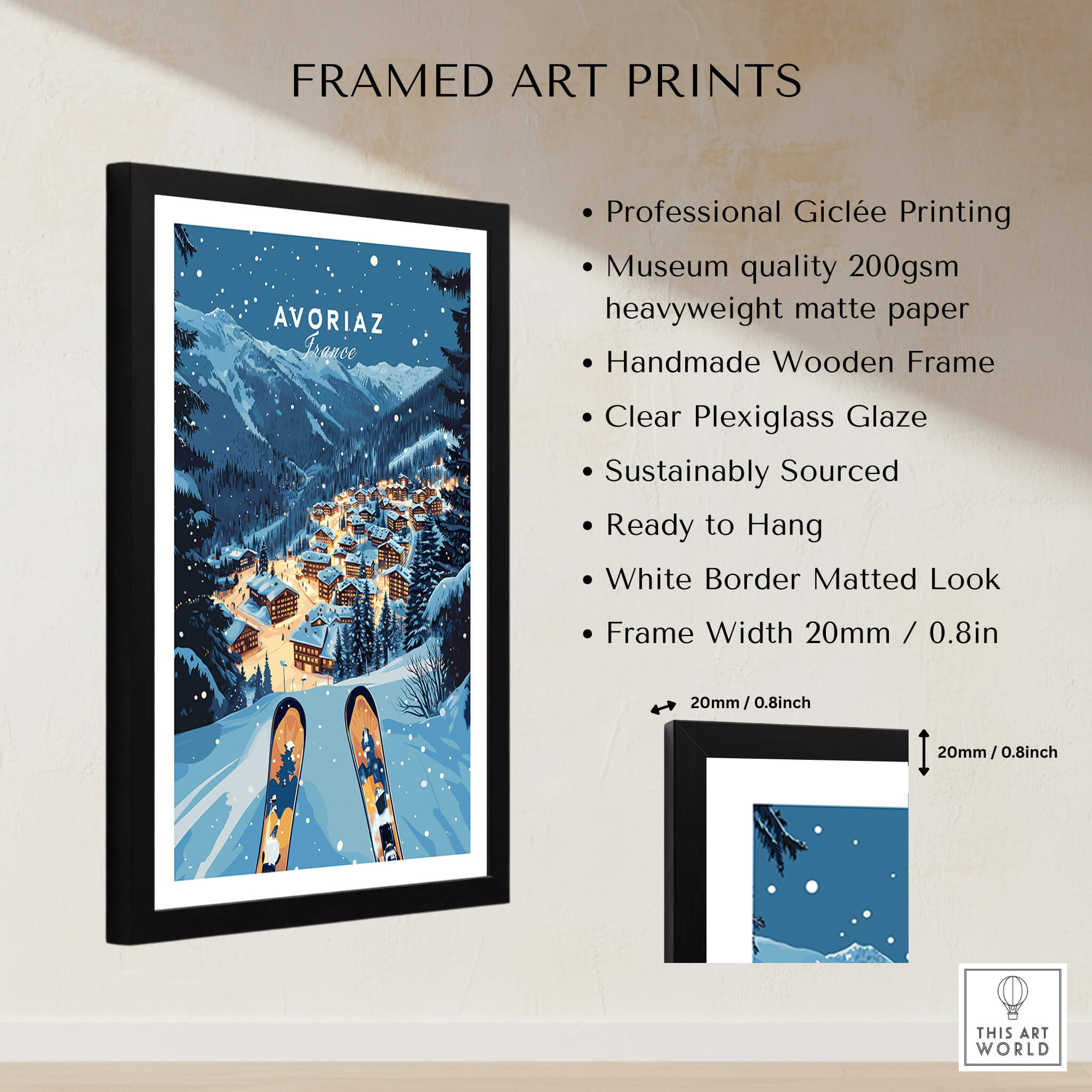 Avoriaz Poster - Winter Chalets Print | French Ski Home Decor in a framed art print design.