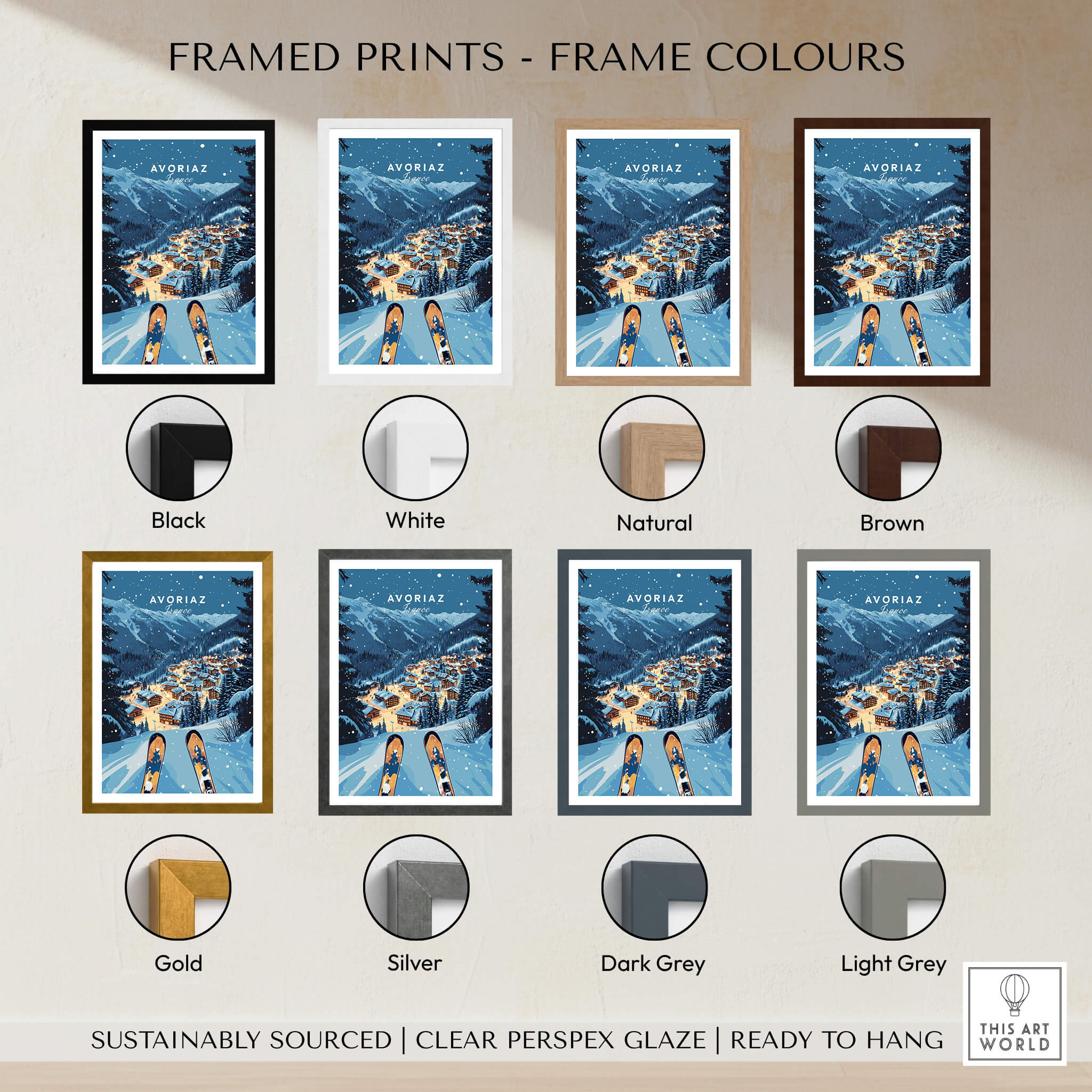 Avoriaz Poster - Winter Chalets Print | French Ski Home Decor framed prints color options display