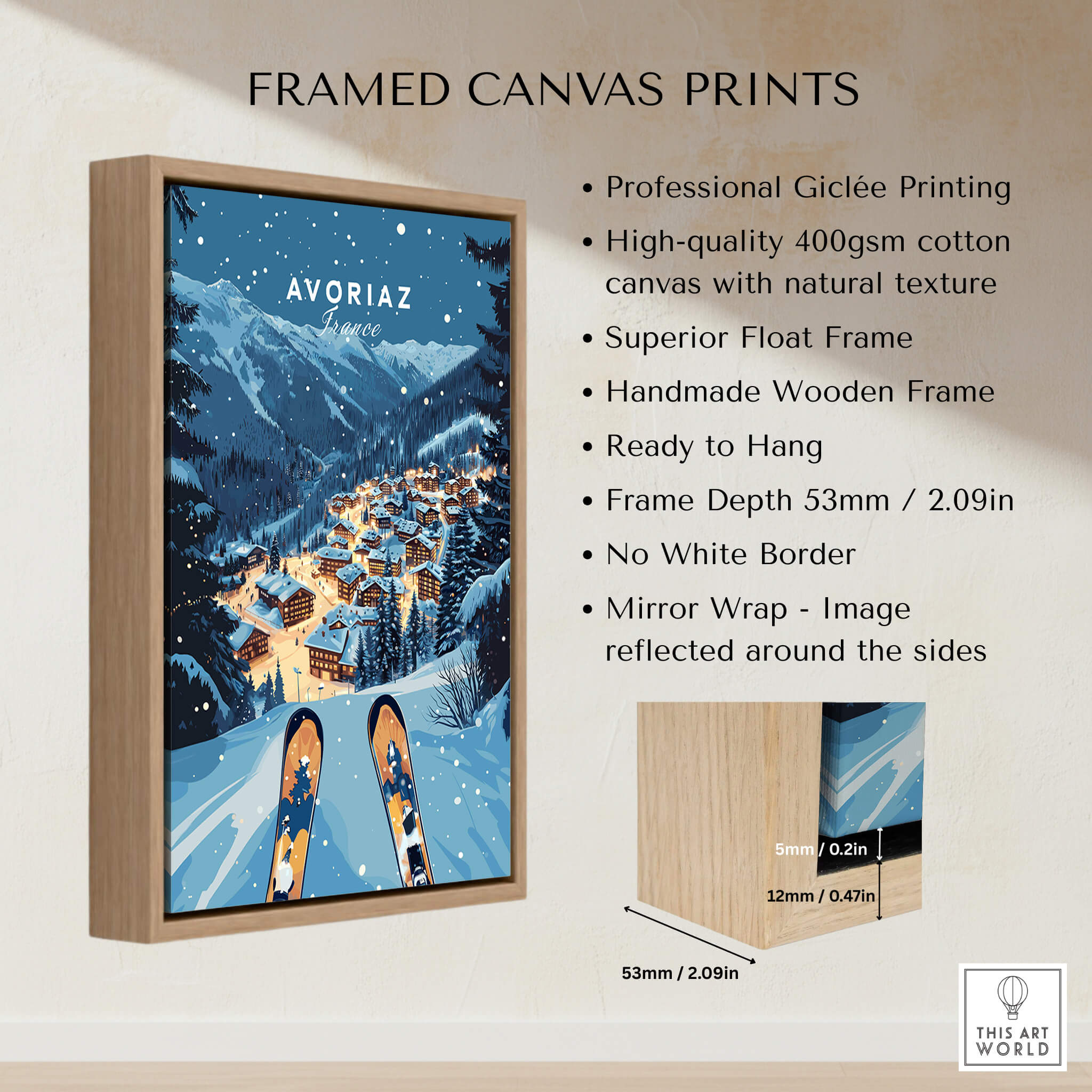 Avoriaz Poster - Winter Chalets Print | French Ski Home Decor showcasing a framed canvas print with skiing imagery.