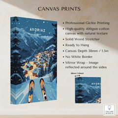 Avoriaz Poster - Winter Chalets Print | French Ski Home Decor showcasing vibrant alpine scenery and ski details.