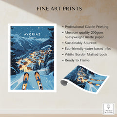Avoriaz Poster - Winter Chalets Print | French Ski Home Decor showcasing winter chalets in a picturesque alpine setting.