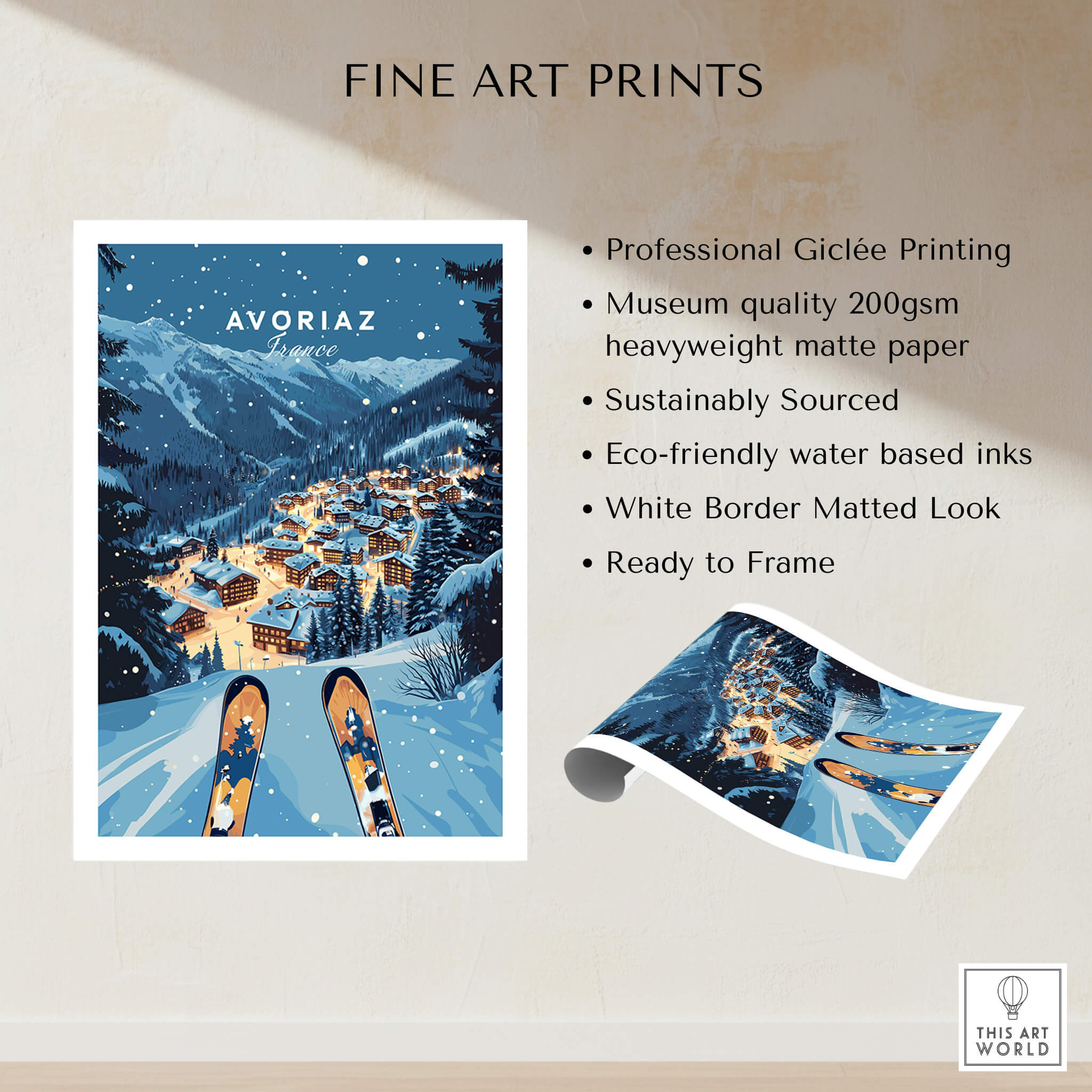 Avoriaz Poster - Winter Chalets Print | French Ski Home Decor showcasing winter chalets in a picturesque alpine setting.