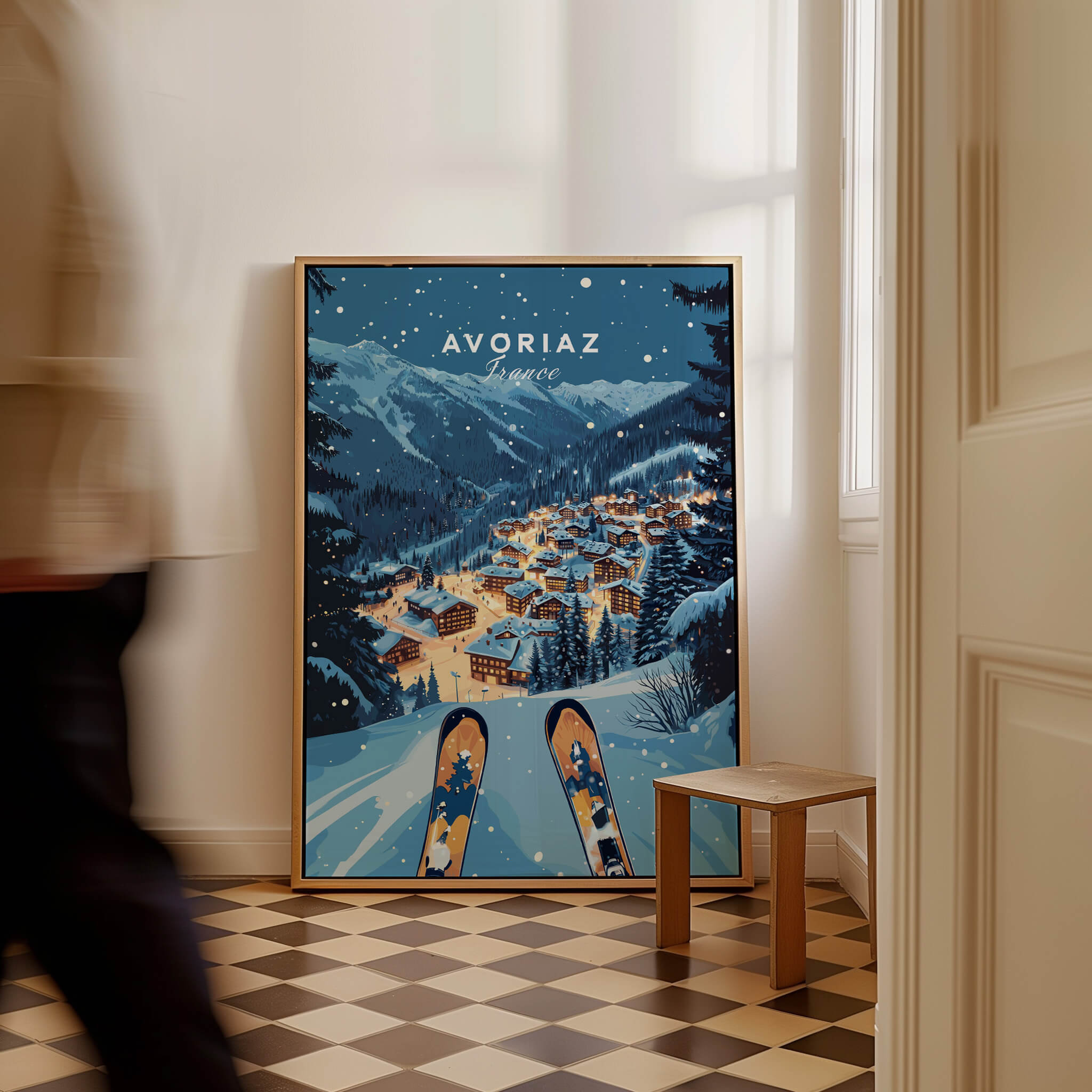 Avoriaz Poster - Winter Chalets Print | French Ski Home Decor displayed in a cozy interior with a skier's view.